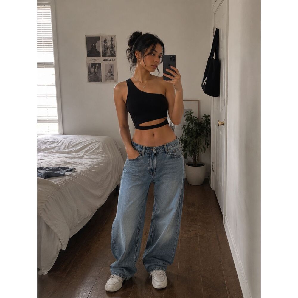 One Shoulder Cut Out Crop Top Bundle White & Black Ribbed Size S